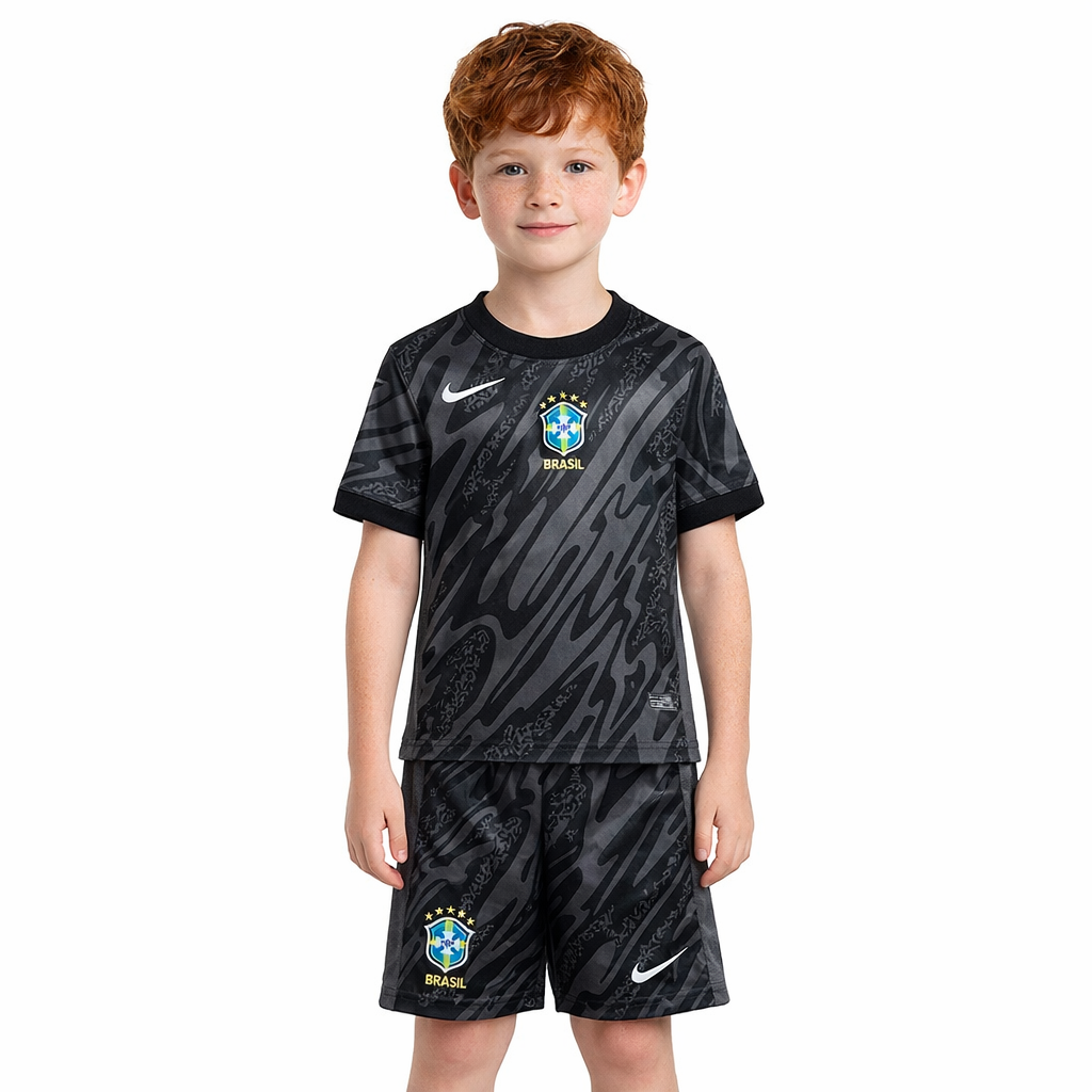 Kids Brazil 2024 Goalkeeper Jersey and Short Kit Black